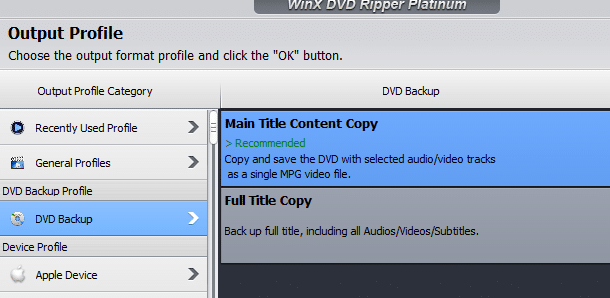 profile for DVD copying and backup in WinX DVD Ripper 