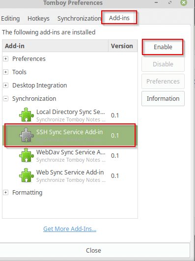 choosing the SSH add-in for TomBoy Notes