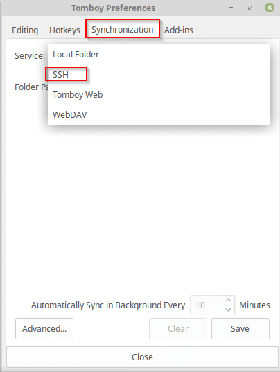 selecting SSH sync option in TomBoy Notes