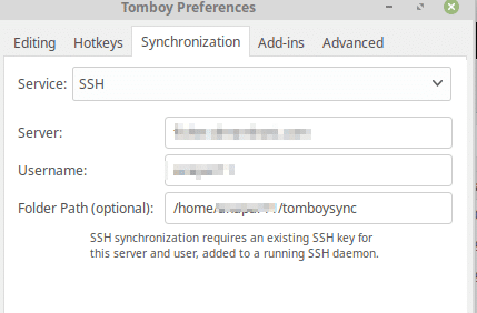 configuring SSH sync settings in TomBoy Notes