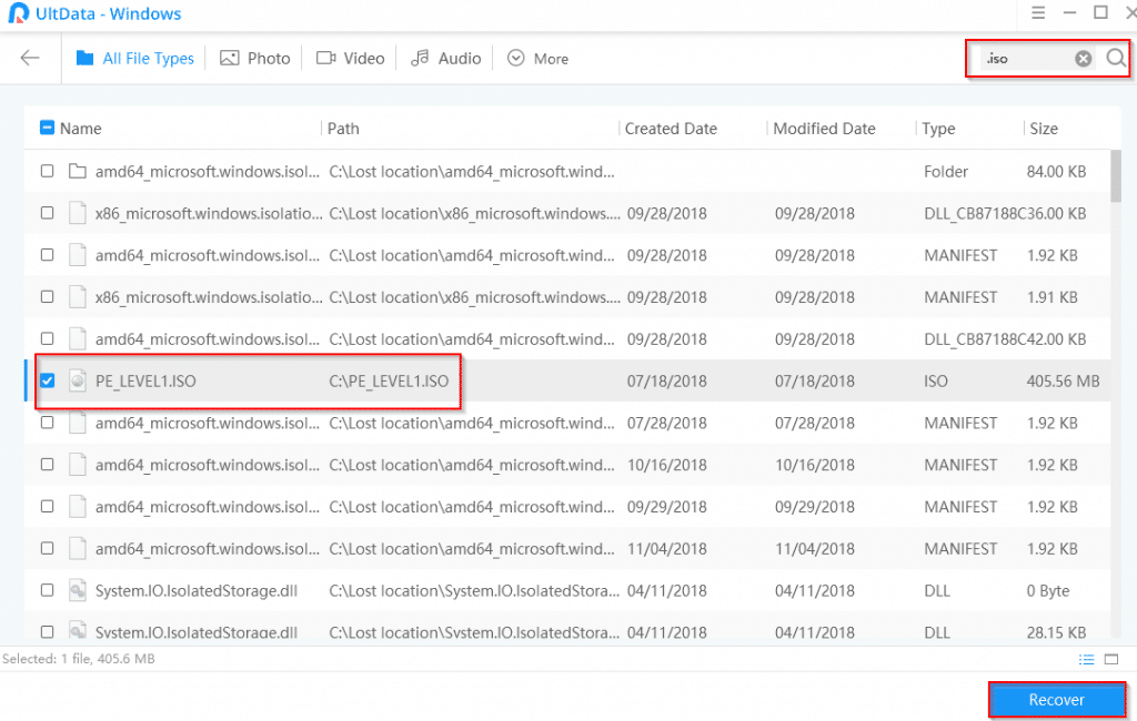 using the search option to look for specific file types that can be recovered in UltData Windows Data Recovery 