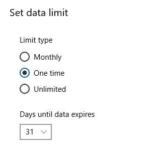 Setting the number of days to data limit expiry when one time option is selected in Windows 10