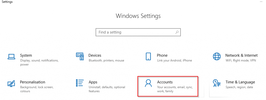 accessing Windows 10 account settings