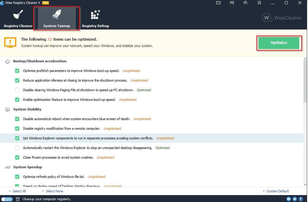 system tuneup section in Wise Registry Cleaner Pro 