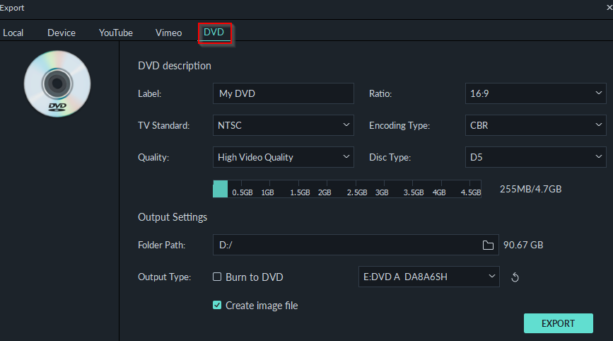 burning exported video to DVDs or saving as image file using Filmora9