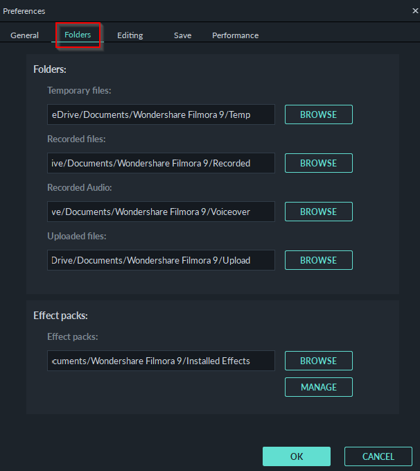 Folders preferences in Filmora9