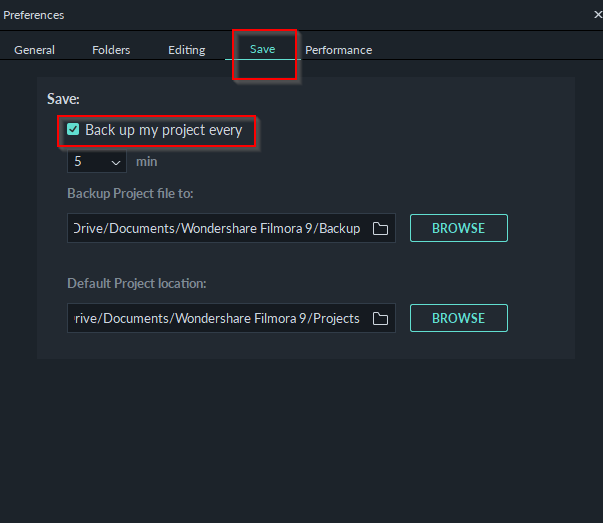 changing auto save preferences in Filmora9