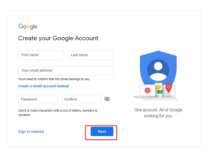 non Gmail account signup page for Google services