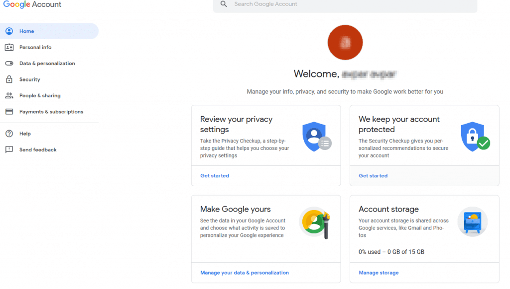 Google account dashboard after registering without using Gmail