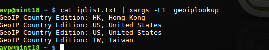 processing files containing IPs using geoiplookup 