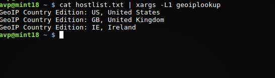 using geoiplookup to process a list of hostnames 