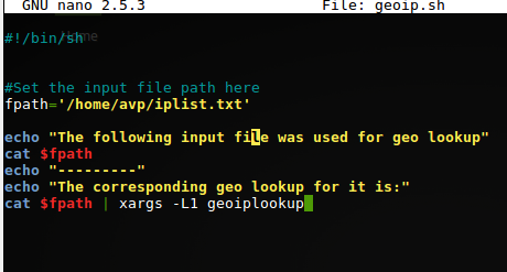 shell script that uses a file for geoiplookup 