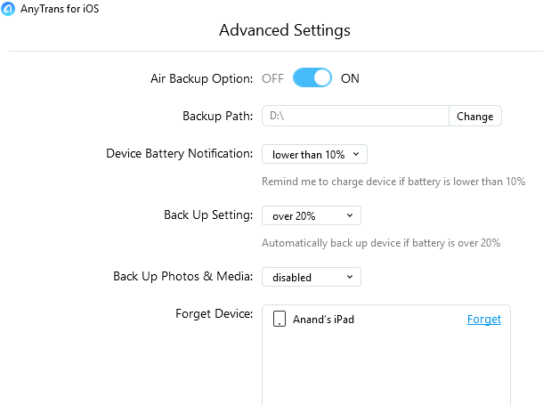 configuring advanced settings for Air Backup Manager in AnyTrans