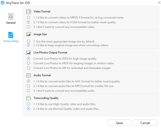 Transcoding settings in AnyTrans