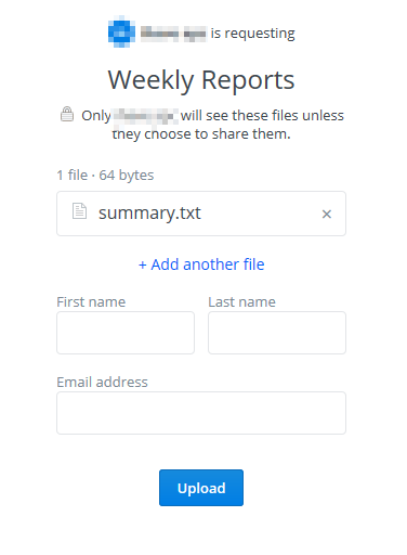 uploading files to be sent to Dropbox through file request 