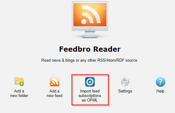 importing OPML feed subscriptions in Feedbro 