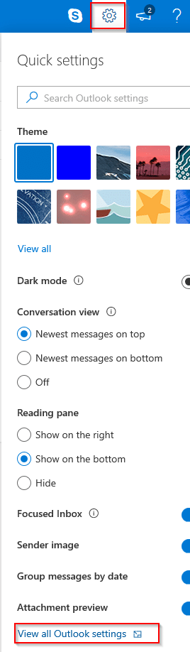 accessing outlook.com settings