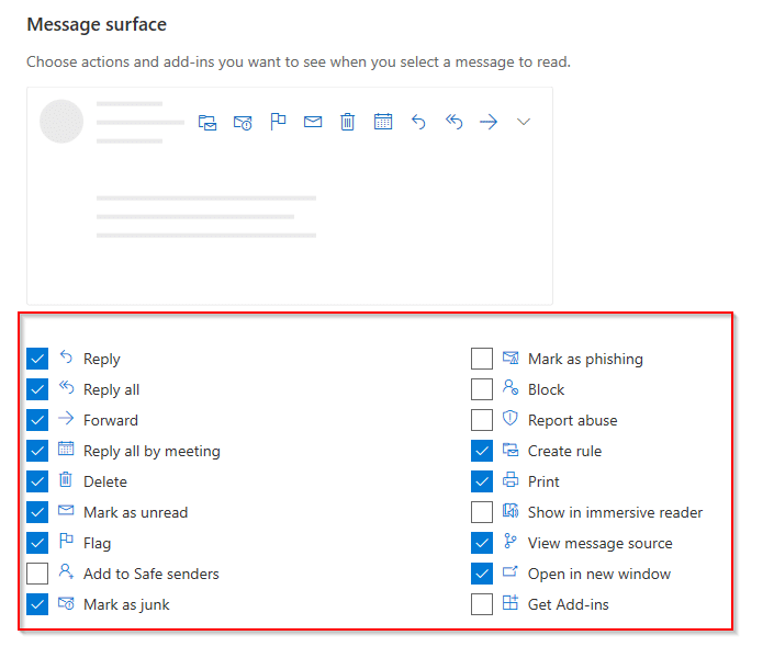 configuring quick actions for message surface in outlook.com