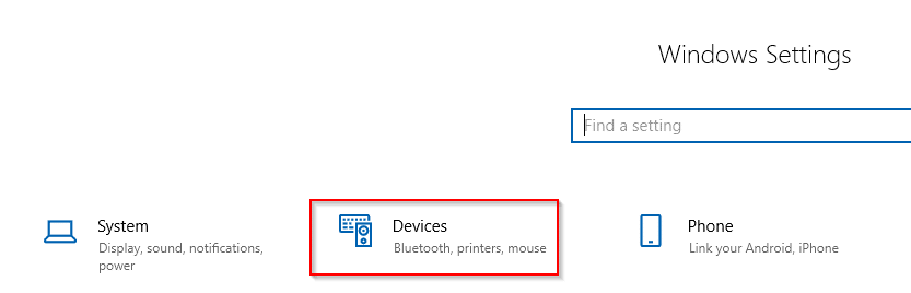 accessing Devices settings in Windows 10 