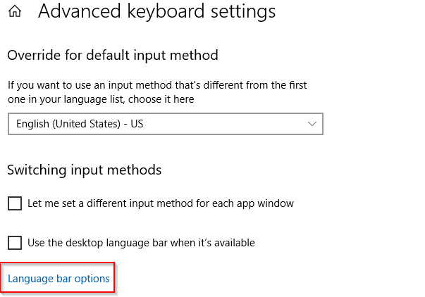 changing the language bar options in Windows 10