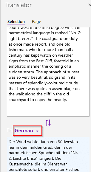 text selection translated using Translator in OneNote 