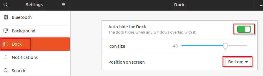 configuring Dock options in Ubuntu 19.04