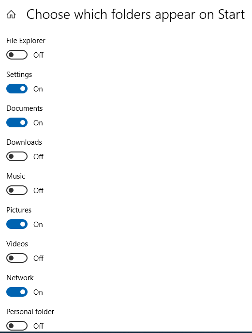 Adding and removing list of folders that appear in Windows 10 start menu