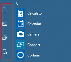 selected folders listed in Windows 10 start menu