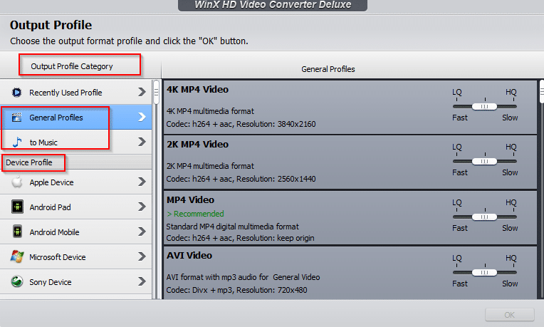 choosing output profile for videos before converting 