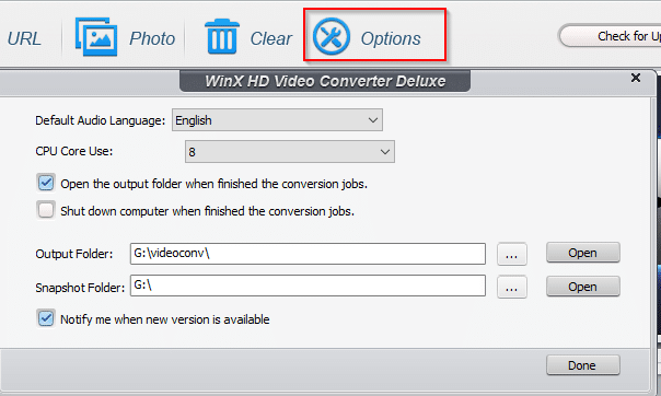 configuring various options in WinX HD Video Converter Deluxe