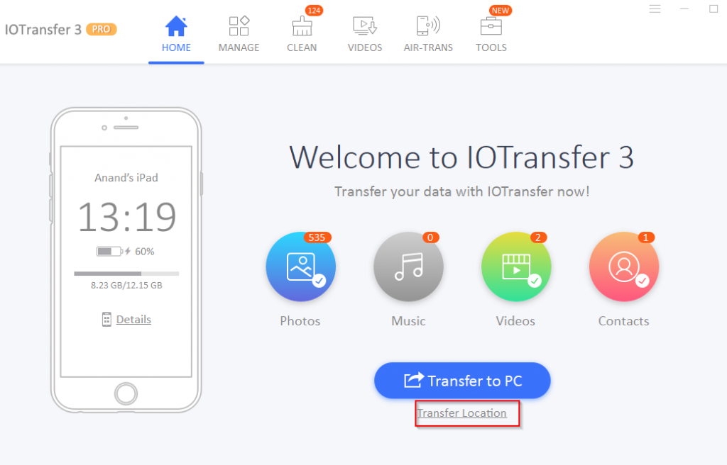 iPad connected to PC using  IOTransfer 3