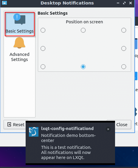 configuring display and orientation settings of notifications window in Lubuntu 19.04