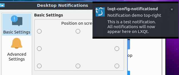 previewing where notifications will appear in Lubuntu 19.04