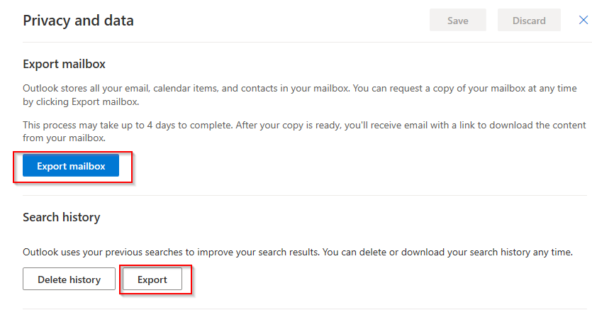 exporting Outlook.com mailbox and search history