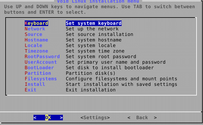 Void Linux installation menu