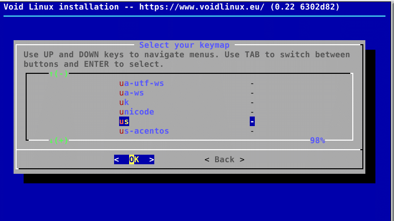 choosing keymap during Void Linux installation