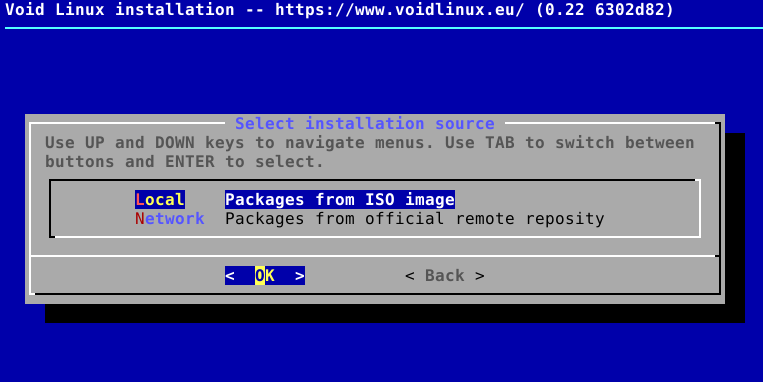 choosing installation source during Void Linux installation