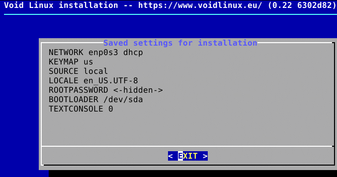 reviewing saved settings during Void Linux installation