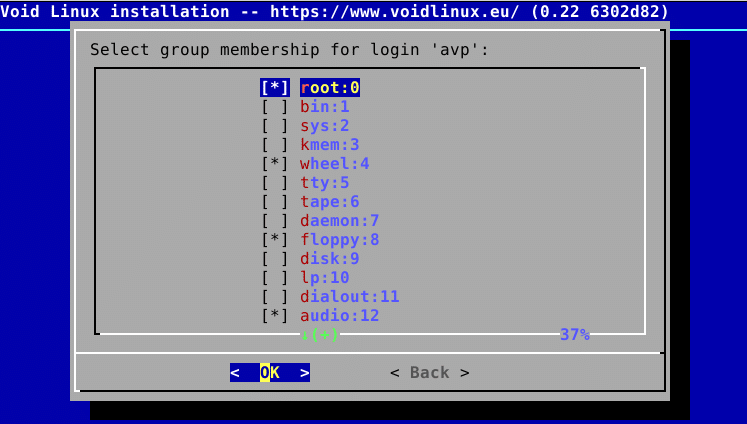 adding user to different groups during Void Linux installation