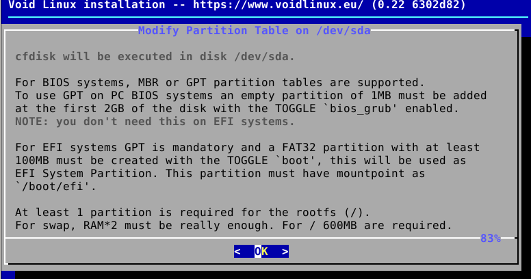 partitioning during Void Linux installation