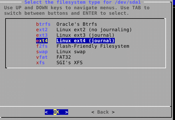 choosing a filesystem type for created partitions during Void Linux installation