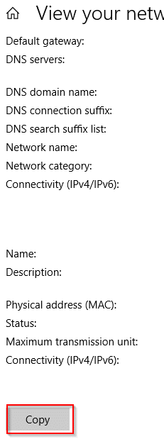 Copying the complete list of network details in Windows 10