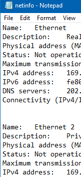 file containing copied details of Windows 10 network properties and related information