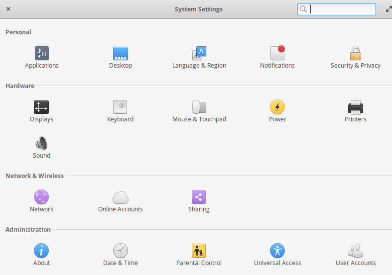 Various system settings in elementary OS 