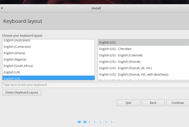 choosing a keyboard layout during elementary OS installation