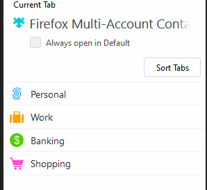 List of default containers in Firefox Multi-Account Containers add-on