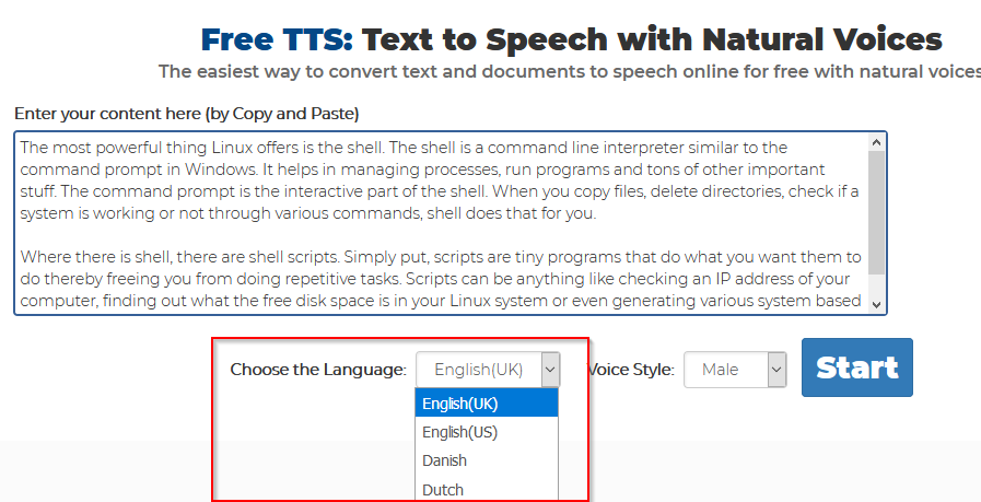 choose output language for converting text to speech using Free TTS