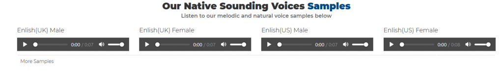 a list of voice samples in different languages when using Free TTS