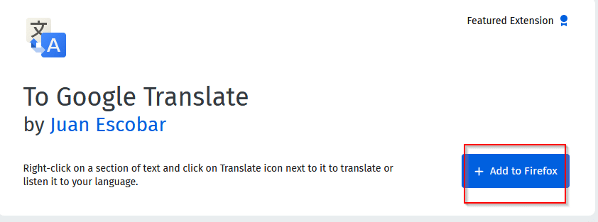 To Google Translate Firefox add-on download page