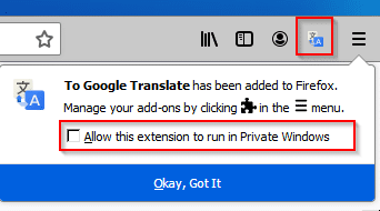 enabling To Google Translate to run in private windows in Firefox